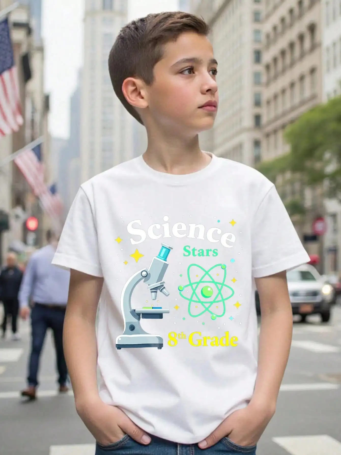 

Boys/Girls Science Stars Back To School Cotton Graphic Tees, Black Casual Summer Tops With Microscope And Atom Pattern