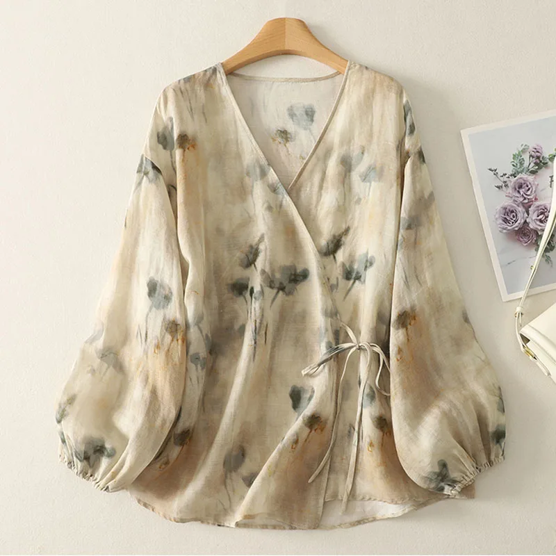 

Vintage Ethnic Floral Boho Style Wrap Shirts Cardigan V-neck Tie-Front Cotton Linen Tops Long Sleeve Summer Sun Protect Cover Up