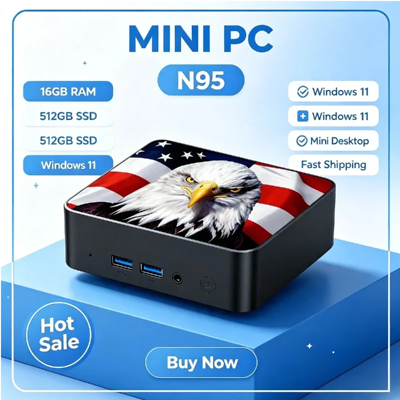 2026 New USA Flag Ultra Mini PC High‑Performance Intel N95 Win11 Pro 16GB RAM 1TB 2TB SSD WiFi6 BT5.2 Portable Gamer Computer