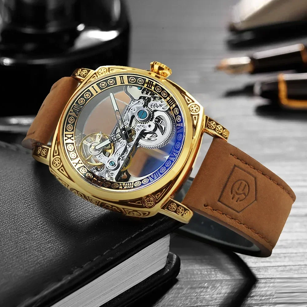 Forsining Square Luxury Skeleton Mechanical Watches Retro Engraved Case Golden Bridge Automatic Mens Watch Genuine Leather Strap