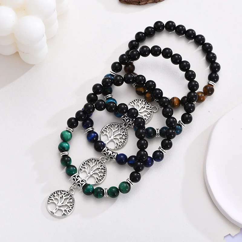 

12pcs Tree of Life Charms Strand 8mm Tiger Eye Stone Bracelet Black Beads Stretch Yoga Jewelry