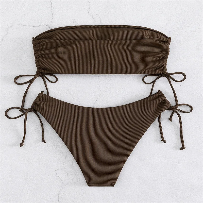 2025 Sexy Low Waist Swimwear New Solid Bandeau Bikini Set Women Push Up Drawstring Beachwear Swimsuit Backless bathing suit