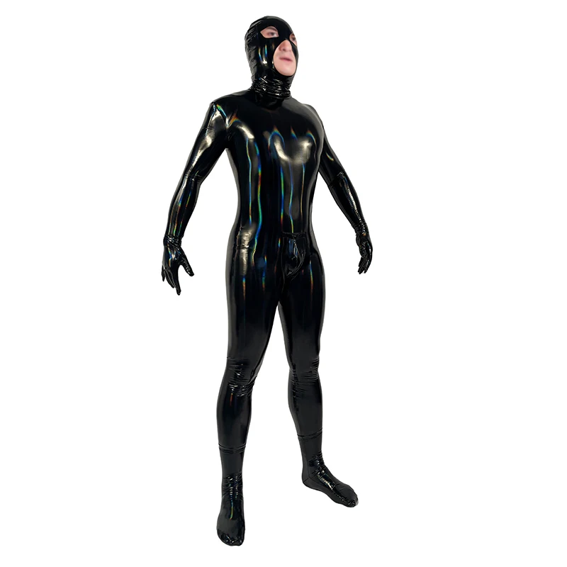 Mens Sexy PVC Leather Catsuit Latex Full Zentai Tight Catsuit Jumpsuit Zipper Open Crotch Wet Look Bodysuit Pole Dance Clubwear