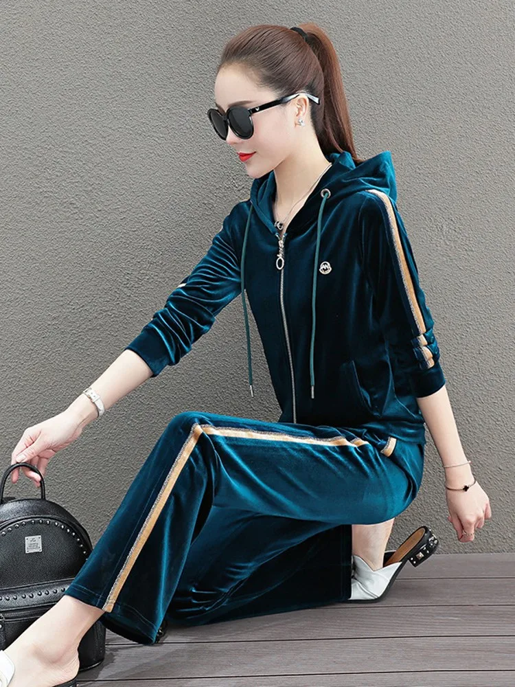 Women Autumn Outdoor Running Set Hooded Velvet Sweatshirt Wide Leg Pants Two Piece Suit Side Striped Fitness Jogging Tracksuit