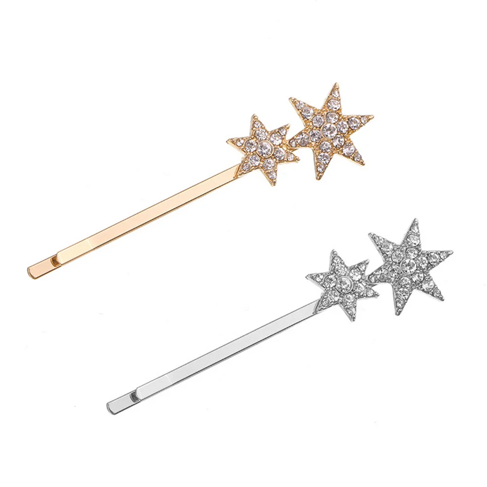 

2pcs Metal Rhinestone Star Hair Clip Silver Shiny Elegant Women Girls Party Wedding Daily Use Pentagram Hair Pin Bobby Pin