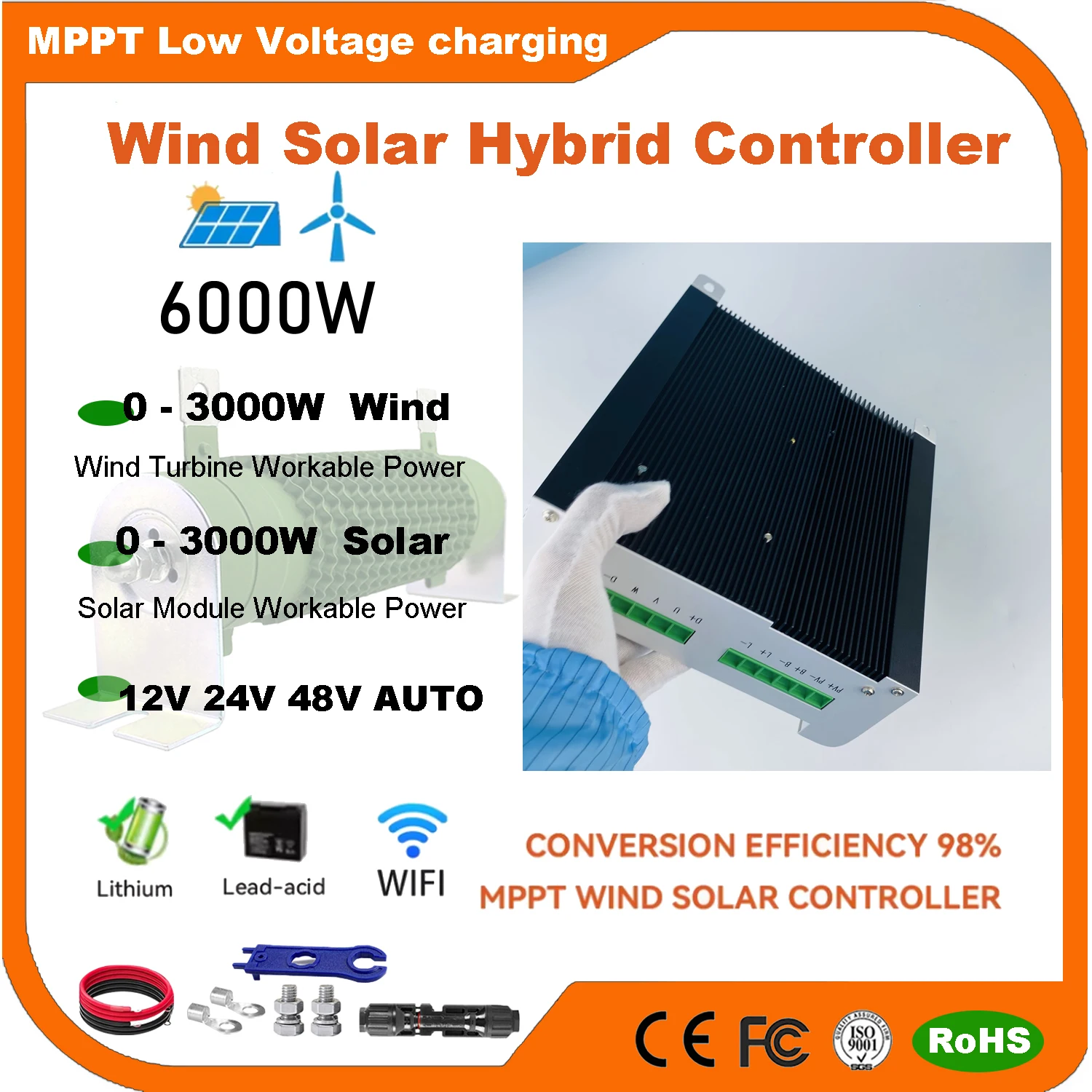 3000W 4KW WIFI Hybrid Solar Wind Charge Controller Power System MPPT Solar Regulator For 12V 24V 48V Lithium Lead-acid Battery