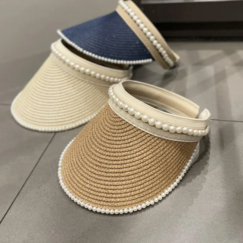 

Korean Version Minimalist Straw Woven Pearl Hollow Top Duckbill Hat for Girls In Spring and Summer Fashion Versatile Sunshade