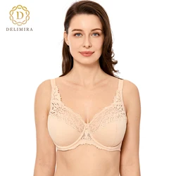 DELIMIRA Women's Plus size Floral Lace Minimizer Non Padded Full Figure Underwire Cotton Bra