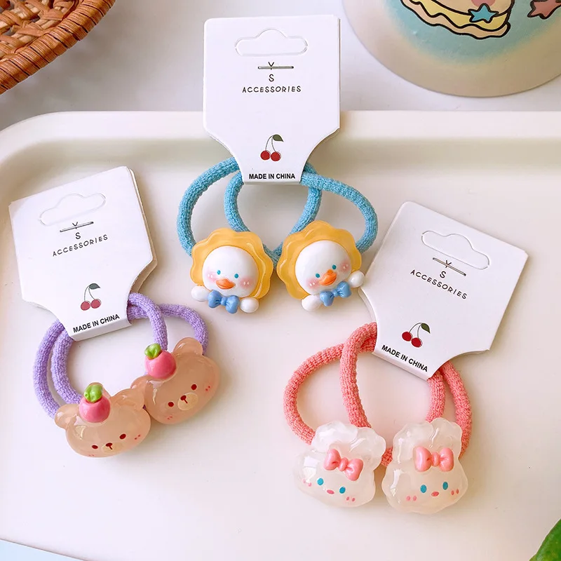 2PCS Kids Cartoon Rabbit Bear Sheep Duck Cat Hair Ties Rubber Bands Cute Hair Bow Tie Rope for Scrunchie Girls Hair Accessories