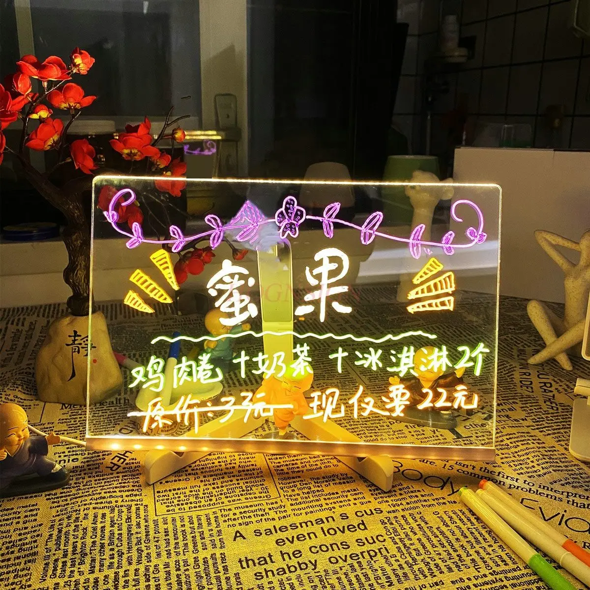 1pcs Erasable fluorescent board desktop charging luminous transparent acrylic with light logo stall small blackboard writing