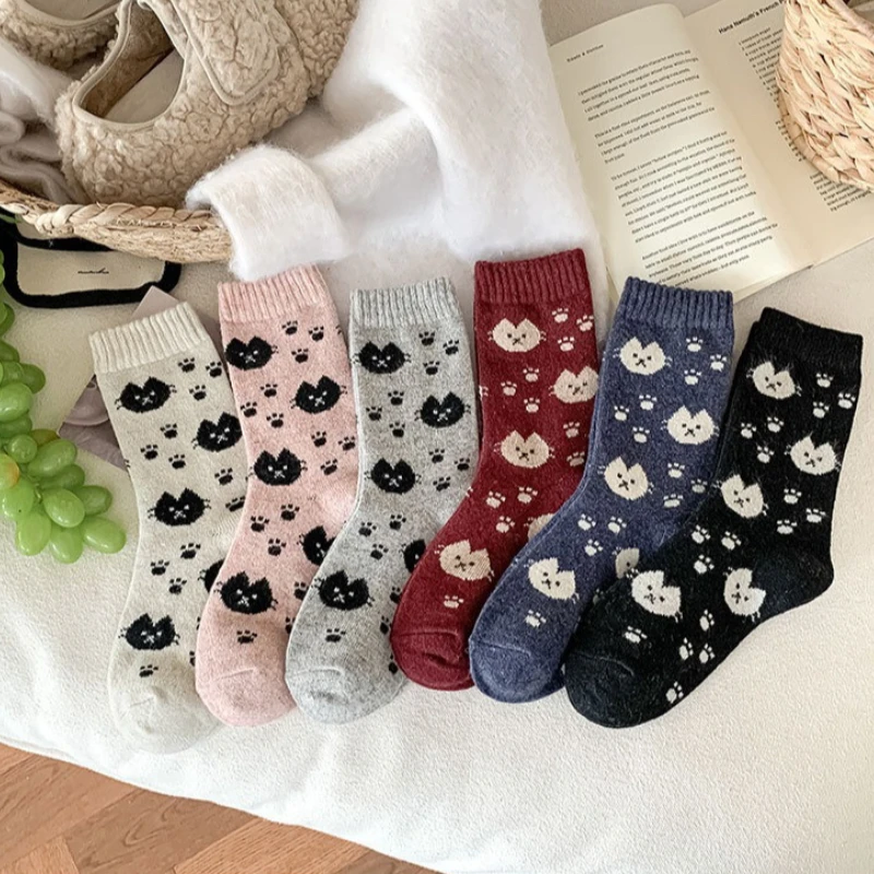 1/6 Paar schweißabsorbierende Damensocken mit Kätzchen, niedlicher Cartoon, dick, warm, bequem, lässig, Socken für Herbst und Winter