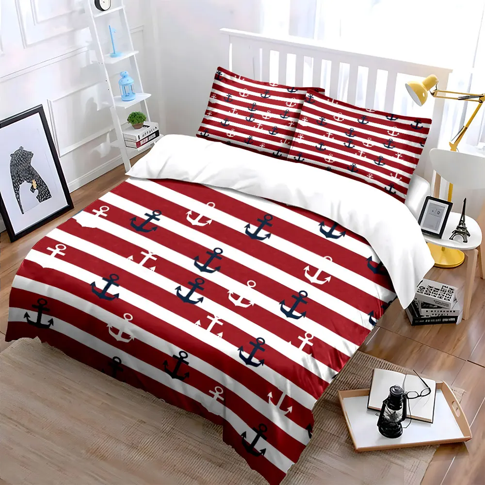Nautical Anchor Striped Decor Set Bedding Set with 1 Duvet Cover 2 Pillowcases Single Double King Queen, Gift