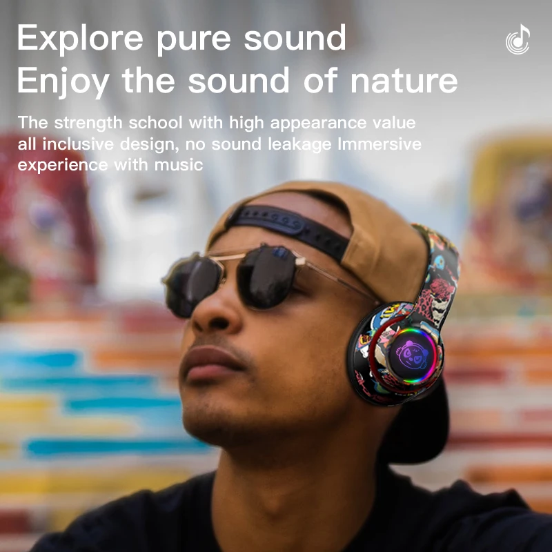 Glowing bluetooth fones de ouvido graffiti design sem fio fones com microfone redução ruído fone de ouvido super alta fidelidade graves profundos