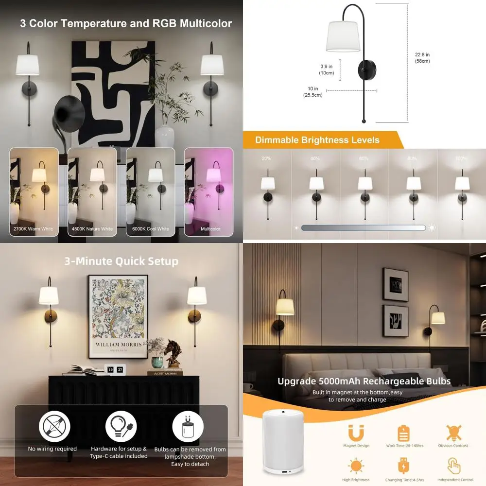 

Set of 2 Battery-Powered, Rechargeable Wireless Wall Sconces with Magnetic RGB Bulbs and Remote Control for Living Room and Bedr