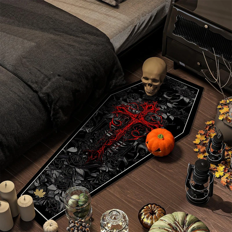 VIKAMA Gothic Coffin Alien Carpet Entrance Hall Wear-Resistant Door Mat Bedroom Bedside Rug Halloween Home Decoration