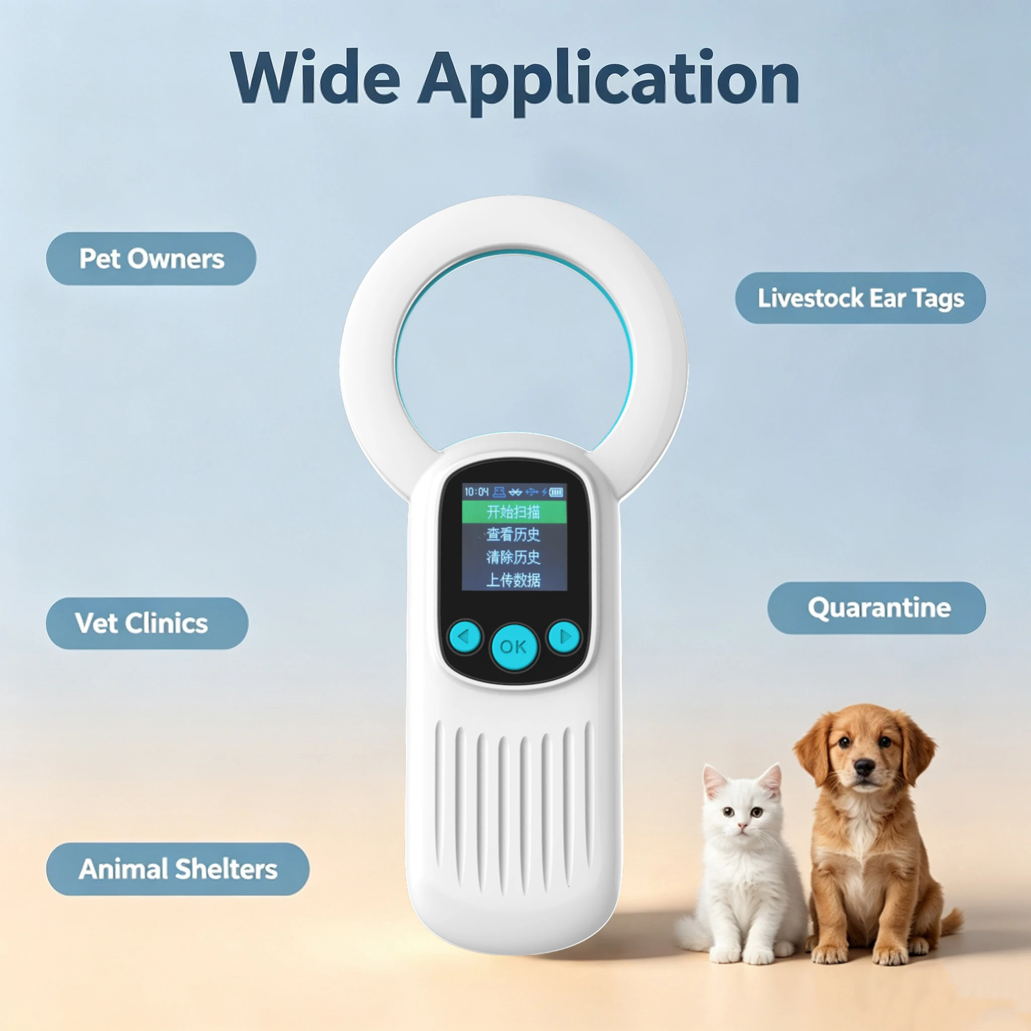 RFID Pet Microchip Scanner 134.2kHz FDX-B EMID ISO11784/85 1.44in LCD 1000 Records USB Type-C Bluetooth 2.4G for Dog Cat