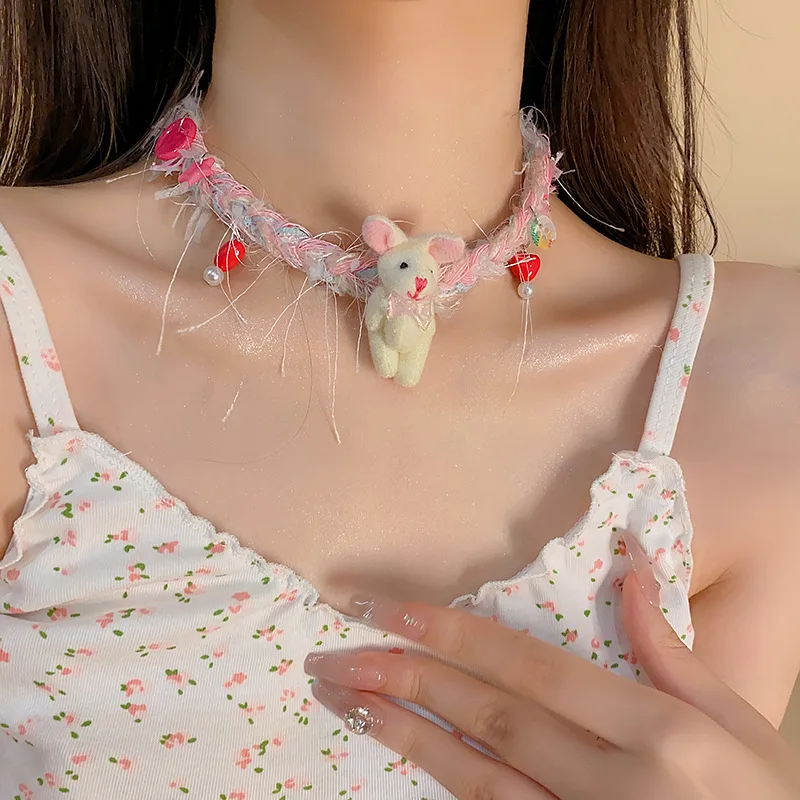 Plush Rabbit Weave Wool Button Choker Necklace for Women Creative Fun Sweet Cute Cool Trendy Jewelry Aesthetics Y2k Accessories