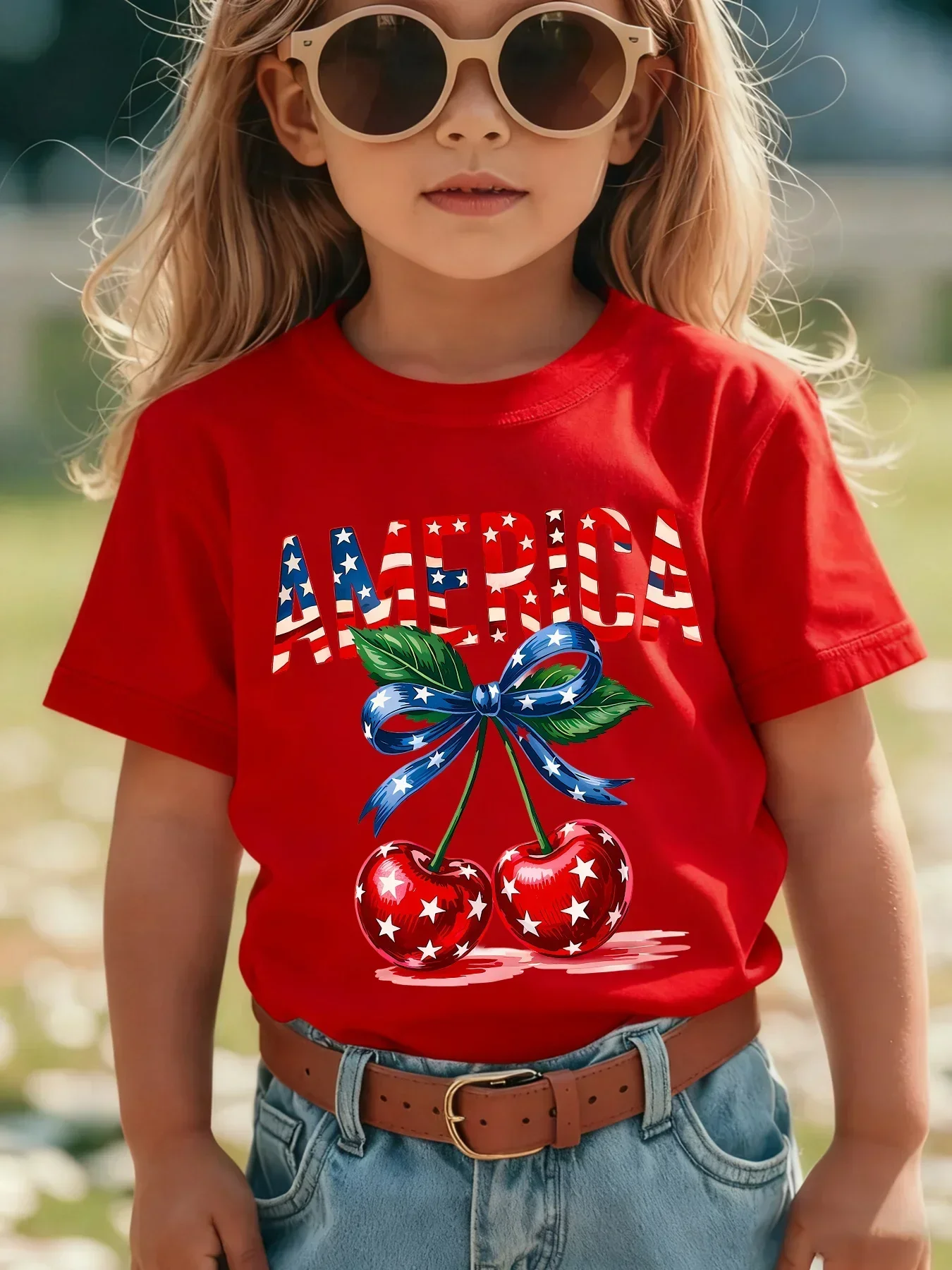Kids Patriotic America Cherry Short Sleeve Top US Flag Striped Letter Star Cherry Bow Design Independence Day Holiday T-Shirt