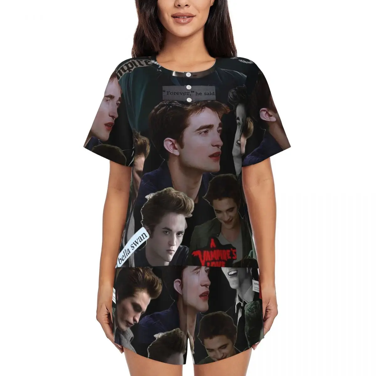 

Edward Cullen Twilight Round Neck Short Sleeves Nightdress for Sleeping Sleepshirts Women Soft Pajama Set Short Pants