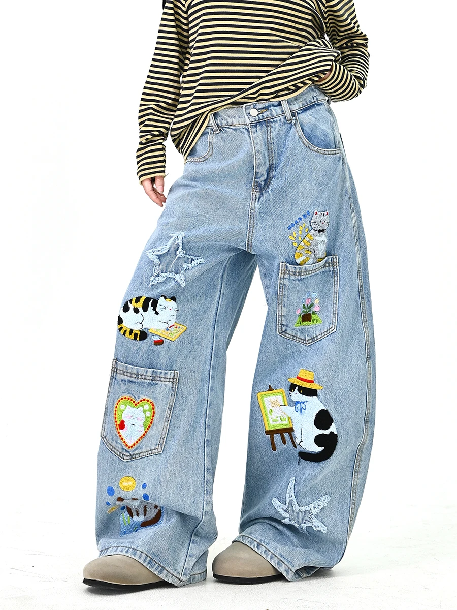 

Женские широкие джинсы Waed с мультяшной вышивкой, свободного кроя, в корейском уличном стиле, весна 2026, новинка