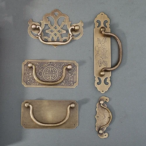 Manija de estantería de latón antiguo, tirador de puerta de armario, armario, manija de cocina china de cobre puro, accesorios de muebles antiguos