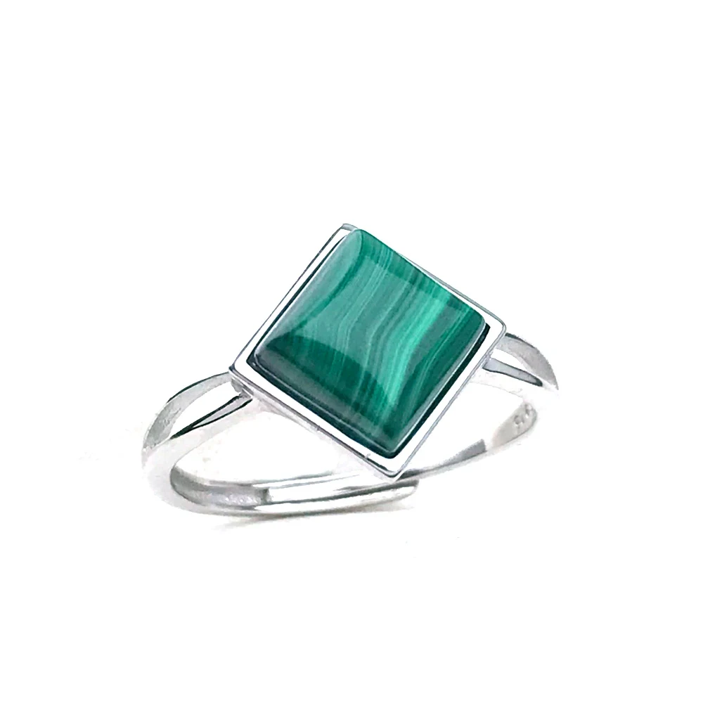 Trendy Natural Malachite Ring Sterling 925 Silver Square 8mm for Women Femme Birthday Wedding Party Trendy Jewelry Gift