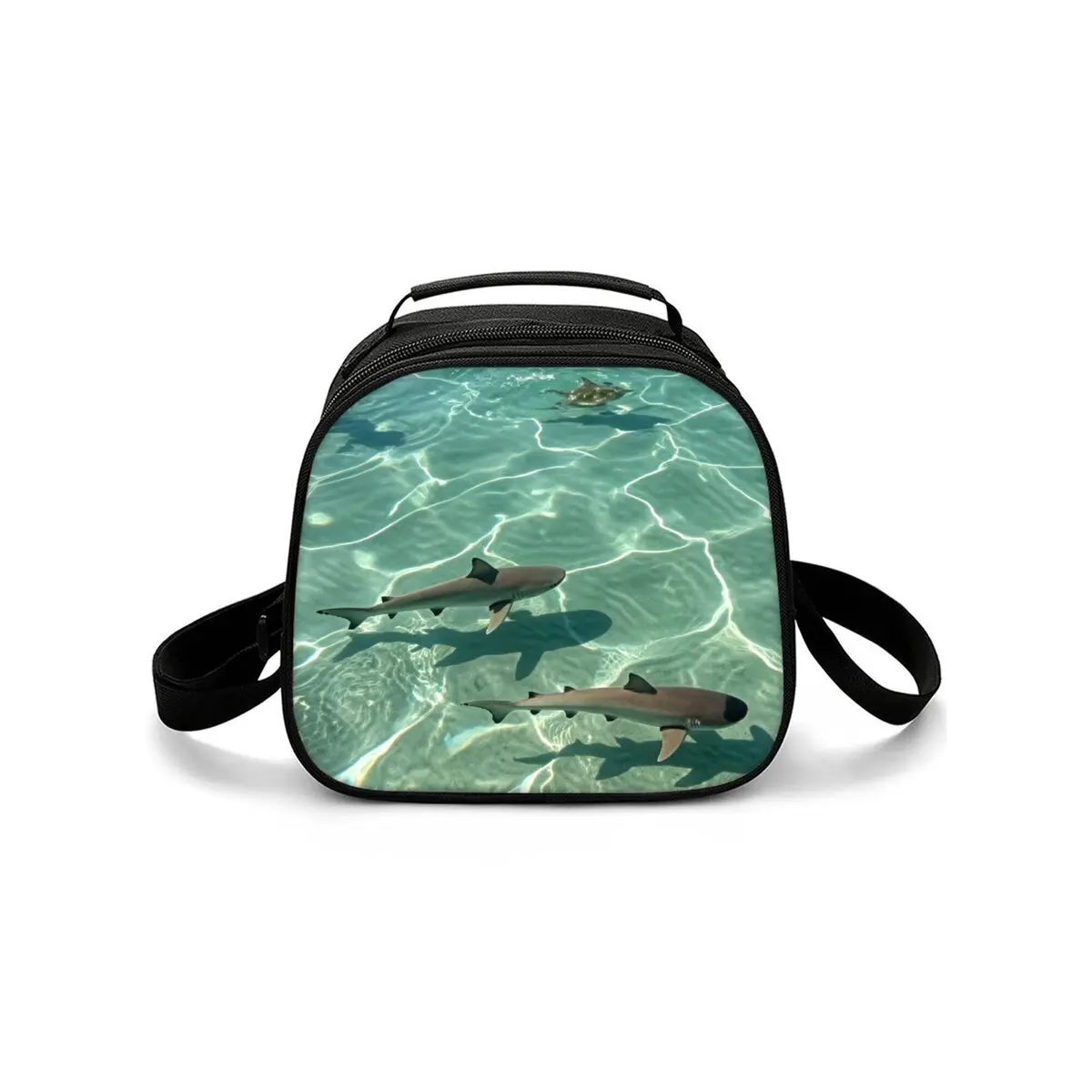 Shark Marine Print Shoulder Strap Circular Lunch Bag for Boy/Girls Best Gifts 2D Cartoon School Bento Lunch Box Bag for Children