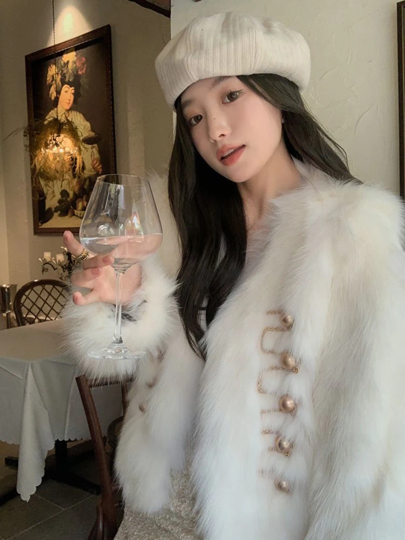 Chic White Women Faux Fur Jacket Pearl Button Coat Collarless Long Sleeve Cropped Loose Luxury Cozy Winter Outerwear Top
