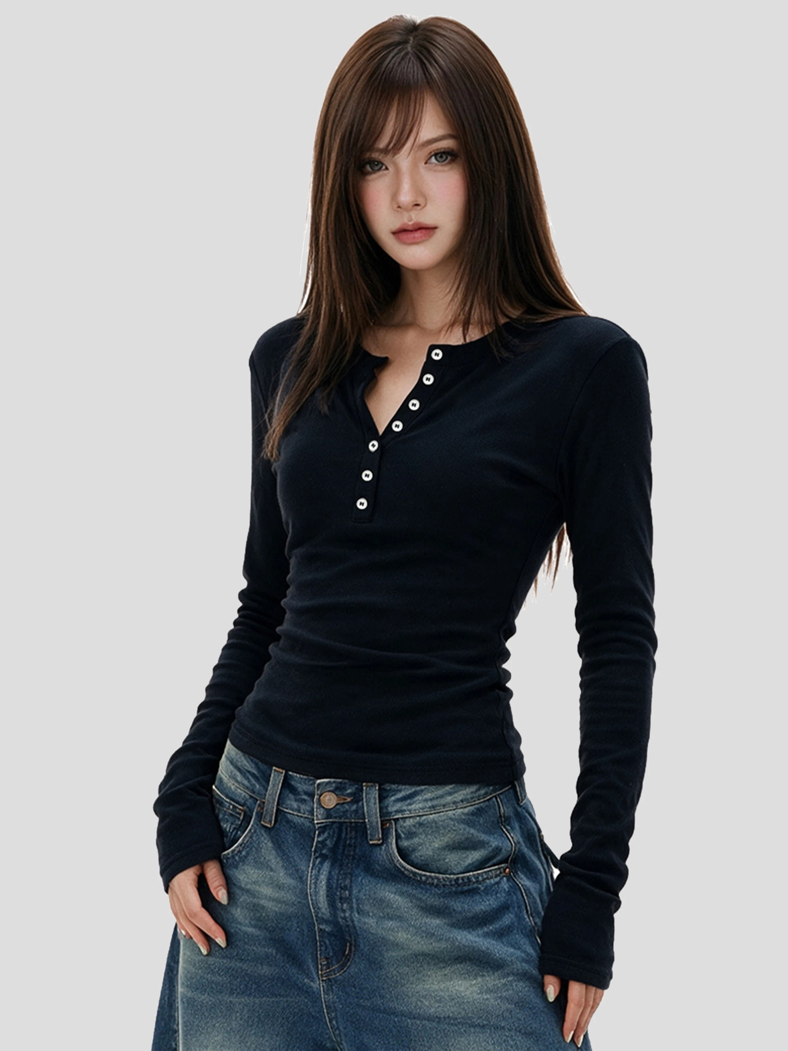 Slim Fit Henry Collar Long Sleeve T-Shirt Autumn Weight Loss Base Shirt Women's Fashionable Casual Comfortable Breathable
