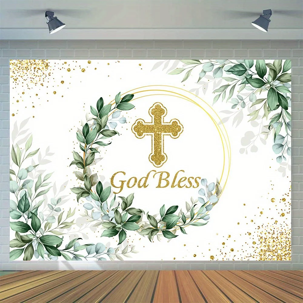 Vinilo multifuncional de primera comunión y fondo bautismal, Cruz de hoja verde diseñada para Decoración de mesa de pastel