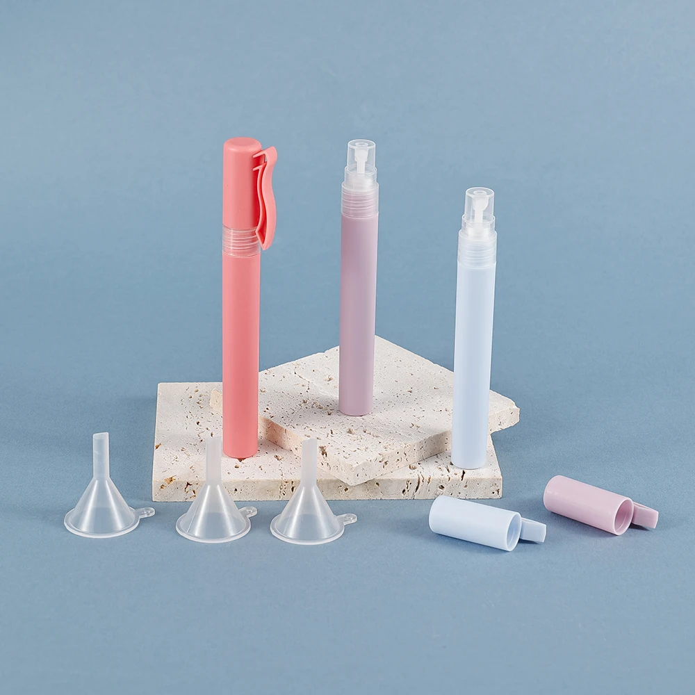 3pcs 10ml/0.3oz Spray Bottles for Perfume, Travel, Cosmetic Frosted empty refillable colored Plastic Pen Shape with 3 Funnels