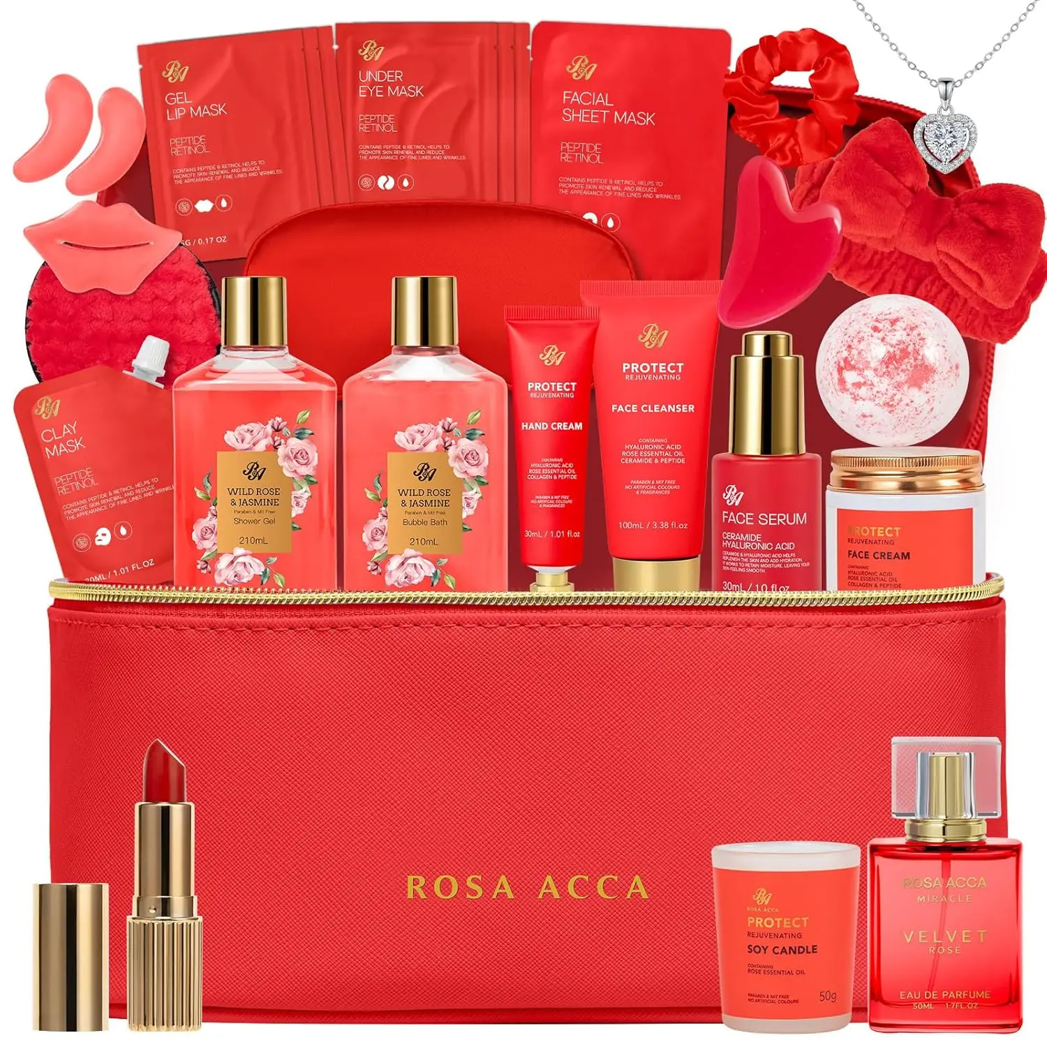 Set de Regalo para el Día de la Madre de 25 Piezas: Cesta de Baño y Cuerpo con Rosas Rojas, Cuidado de la Piel, Autocuidado Spa con Bolsa de Cosméticos y Collar para Mujer