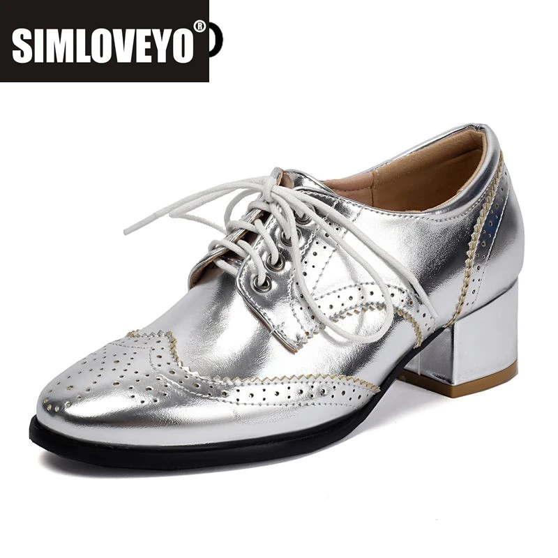 

SIMLOVEYO Новые женские туфли-лодочки-оксфорды на блочном каблуке 4,5 см, блестящие блестящие большие размеры US12 41 42 43 для отдыха, повседневная женская обувь