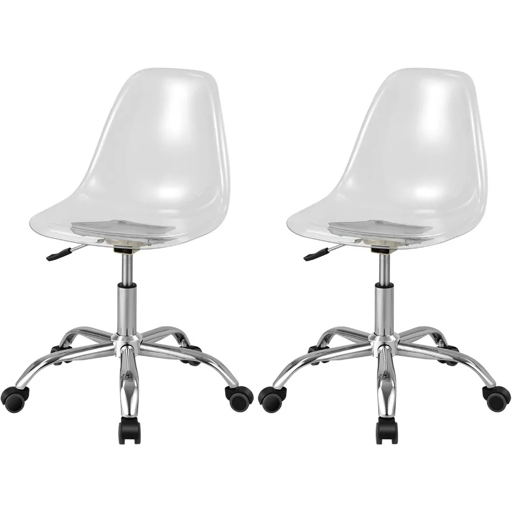 

pair of transparent acrylic desk chairs: sleek armless office chairs with adjustable height and chrome base for modern comfort