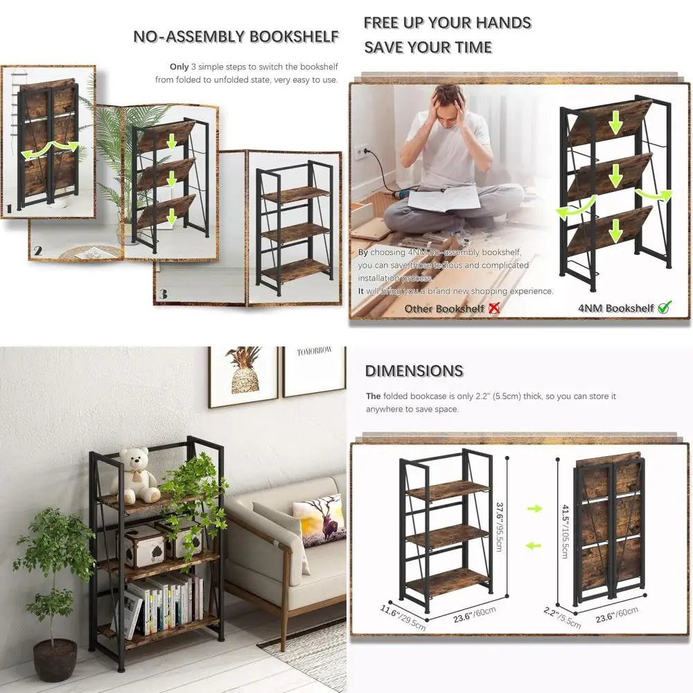 رف كتب عتيق مكون من 3 طبقات - خزانة كتب قابلة للطي باللونين البني والأسود الريفي للمكتب المنزلي وتنظيم الدراسة