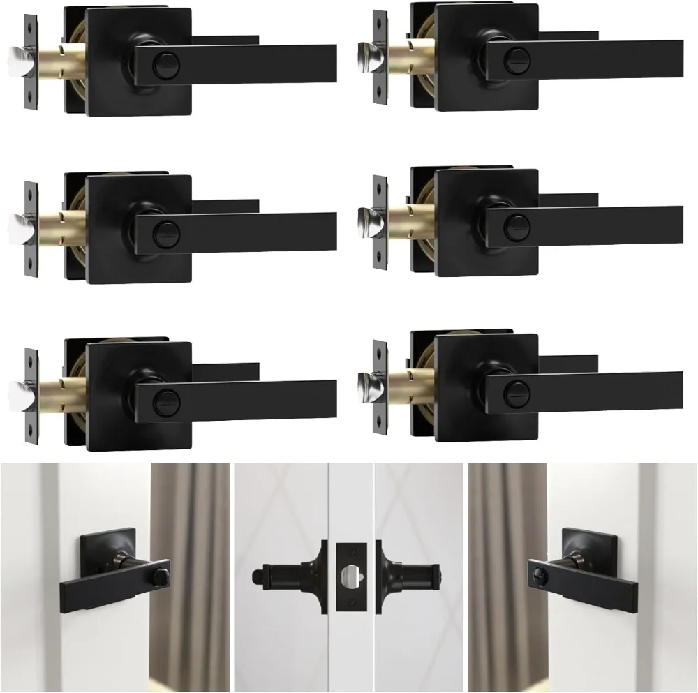 

6 Pack Matte Black Door Handles - Privacy Door Levers Set, Keyless Black Interior Knobs, Modern Heavy Duty Square Door