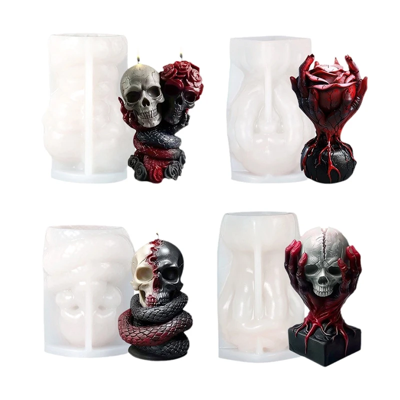 

3D Skull Aroma Candle Silicone Molds - DIY Halloween Skull and Snake Creative Pendant for Home Decor, Resin, and Plaster Crafts