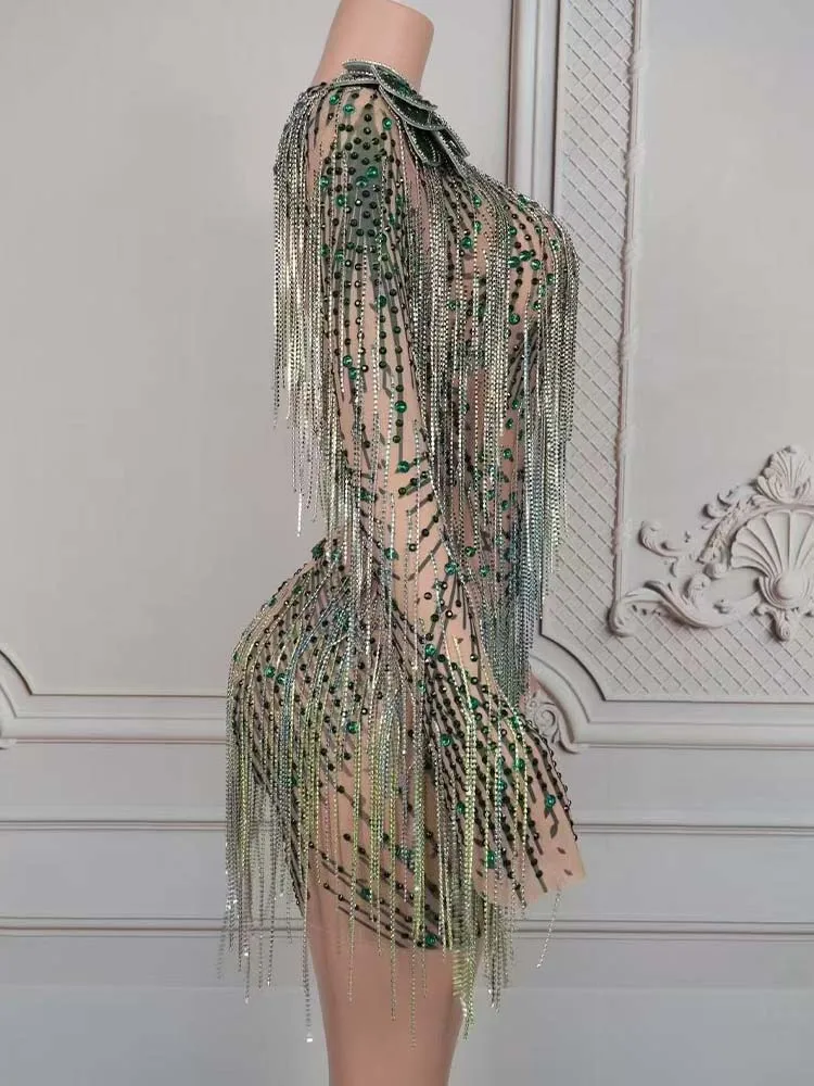 جودة عالية حجر الراين شرابة مثير عارية الظهر فستان بأكمام طويلة 2025 موضة جديدة مخصصة الملابس النسائية #3