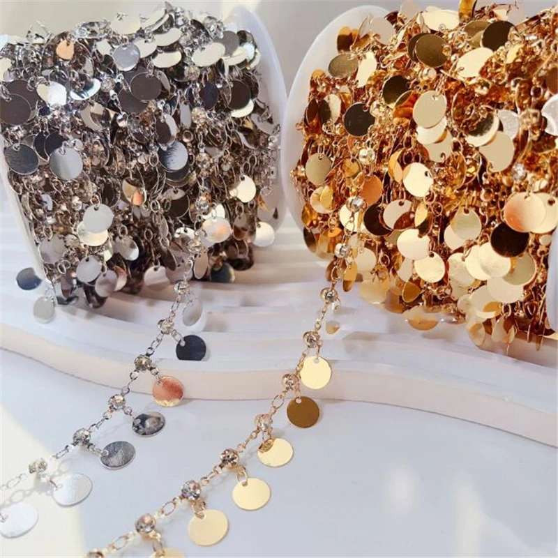 No Fade New Copper Round Sequins Crystal Beads Link Chains For DIY Jewelry Making Tassel Thin Chain Crafts Garment Accessories