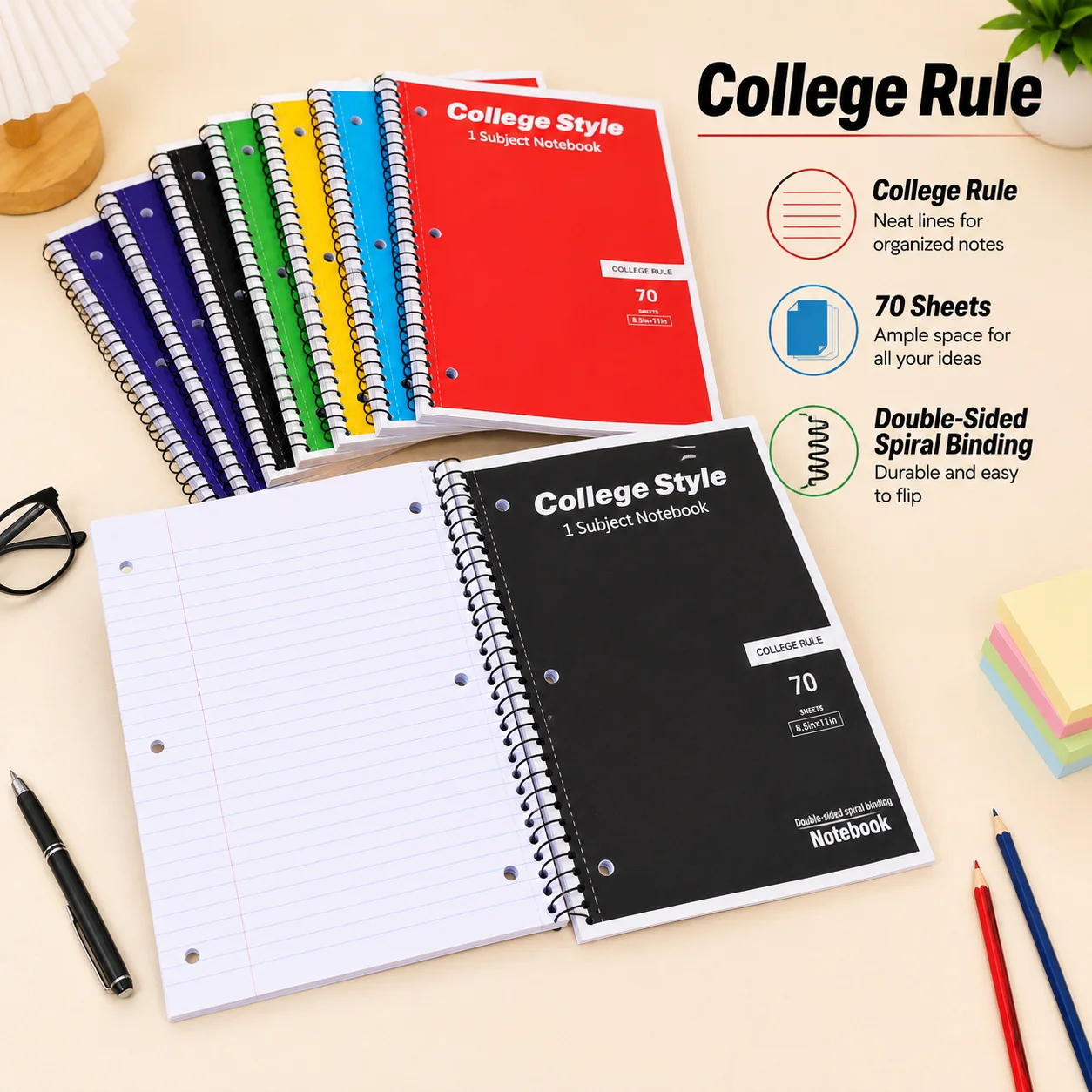 College Style Spiral Notebook 70 Sheets 1 Subject Ruled Paper Notebook 8.5 x 11 Inch for School University Notes Writing