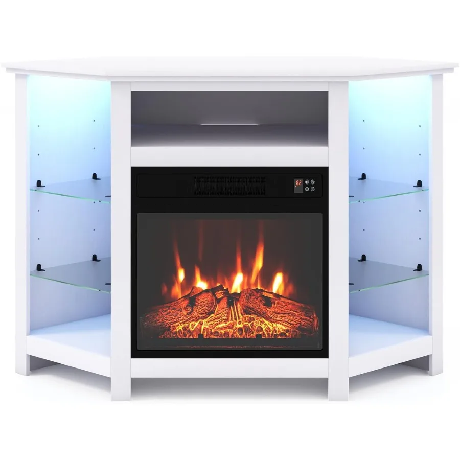 

Современная угловая подставка для электрического камина, предназначенная для телевизоров до 50 дюймов с окружающим 16-цветным светодиодным освещением, регулируемым интерьером