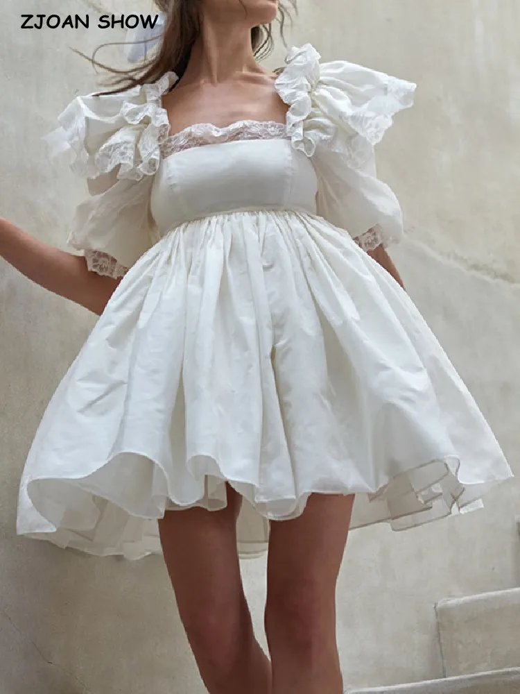 

White Princess Ball Gown Dress Splice Lace Ruffles Shoulder Half Puff Sleeve Women Fairy Mini Robe Palace Pink