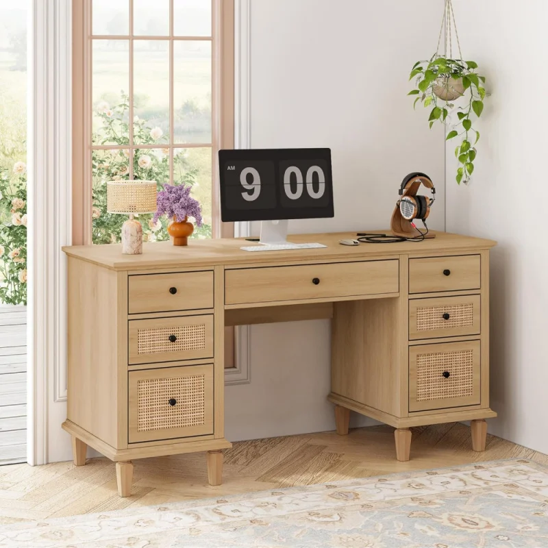 

Wood Executive Desk with 7 Drawers - Modern Natural Rattan Home Office Desks with Charging Station, Large Long Computer Desk