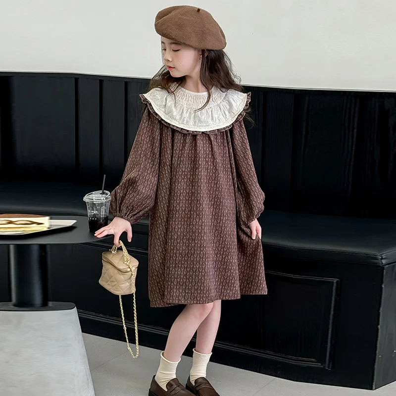Children Long Sleeve Autumn Dress for Girls Kids Chocolate Brown Color Dresses With Ruffled Neck Collar Clothing 5 6 8 10 12 14Y