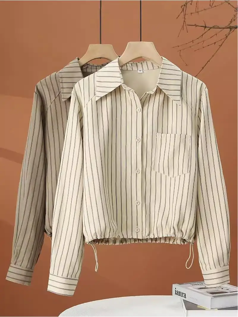 

Женская осенняя модная блузка с длинным рукавом в полоску, с завязками на талии, прямого кроя, в корейском стиле, с воротником, для стройности фигуры