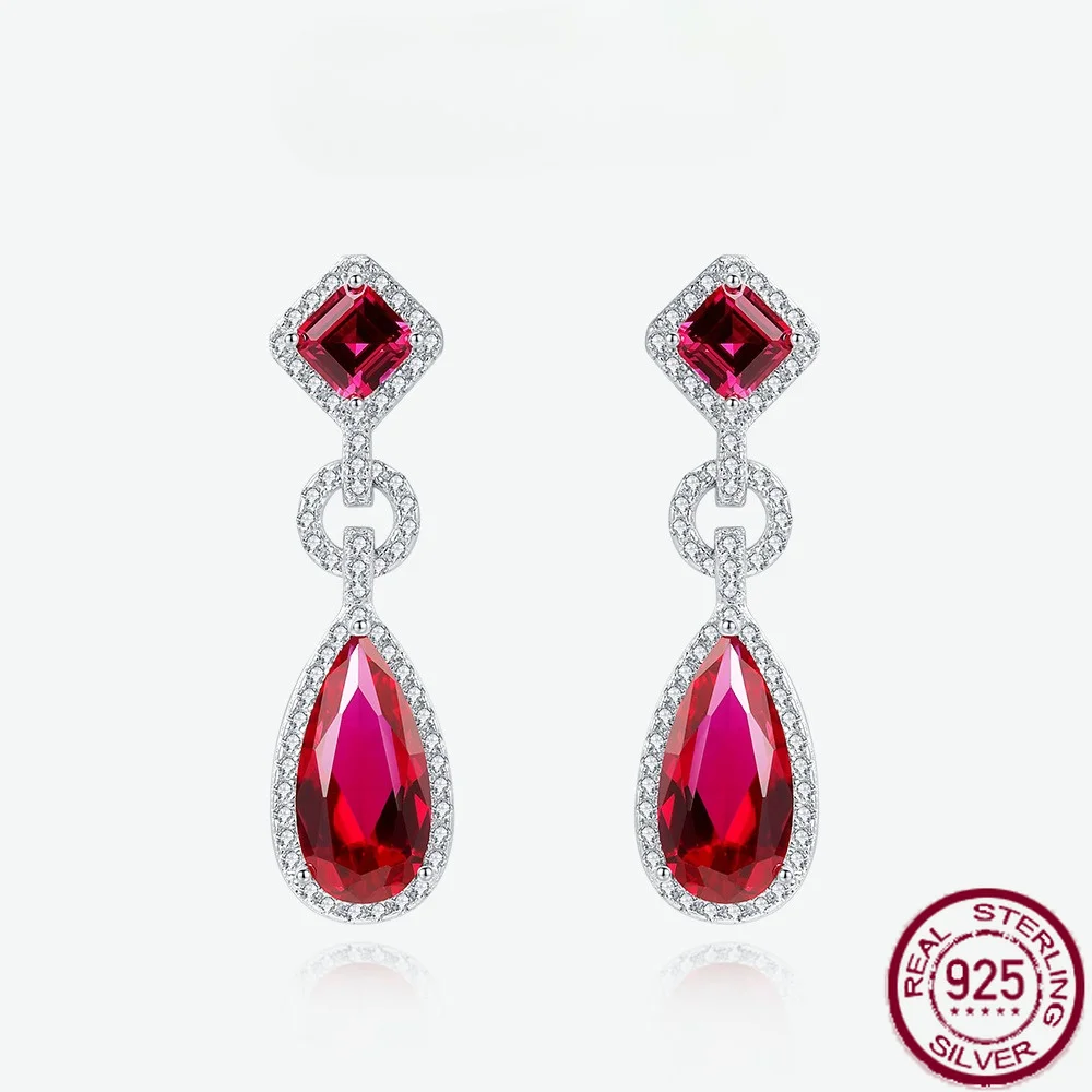 

New S925 Silver 3 Carat Water Drop 7 * 14 Nurturing Red Treasure Earrings Style Try Earrings High End Engagement Jewelry