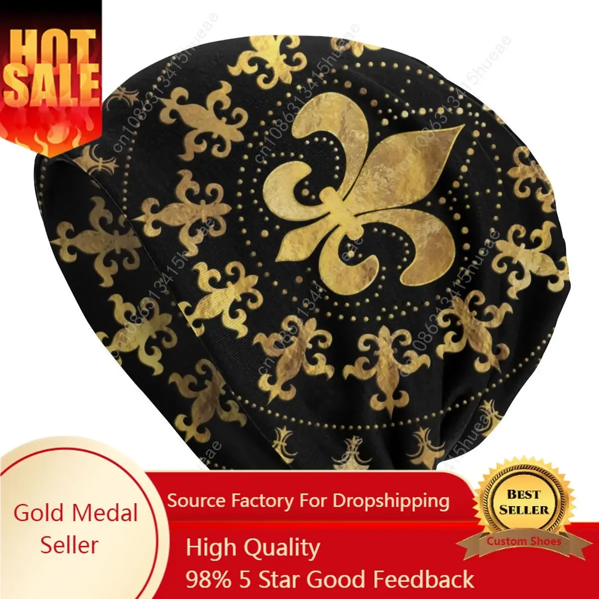 Gold Black Fleur De Lis Beanie Cap Unisex Winter Warm Bonnet Femme Knitted Hats Outdoor Ski Fleur-De-Lys Lily Flower Beanies Cap