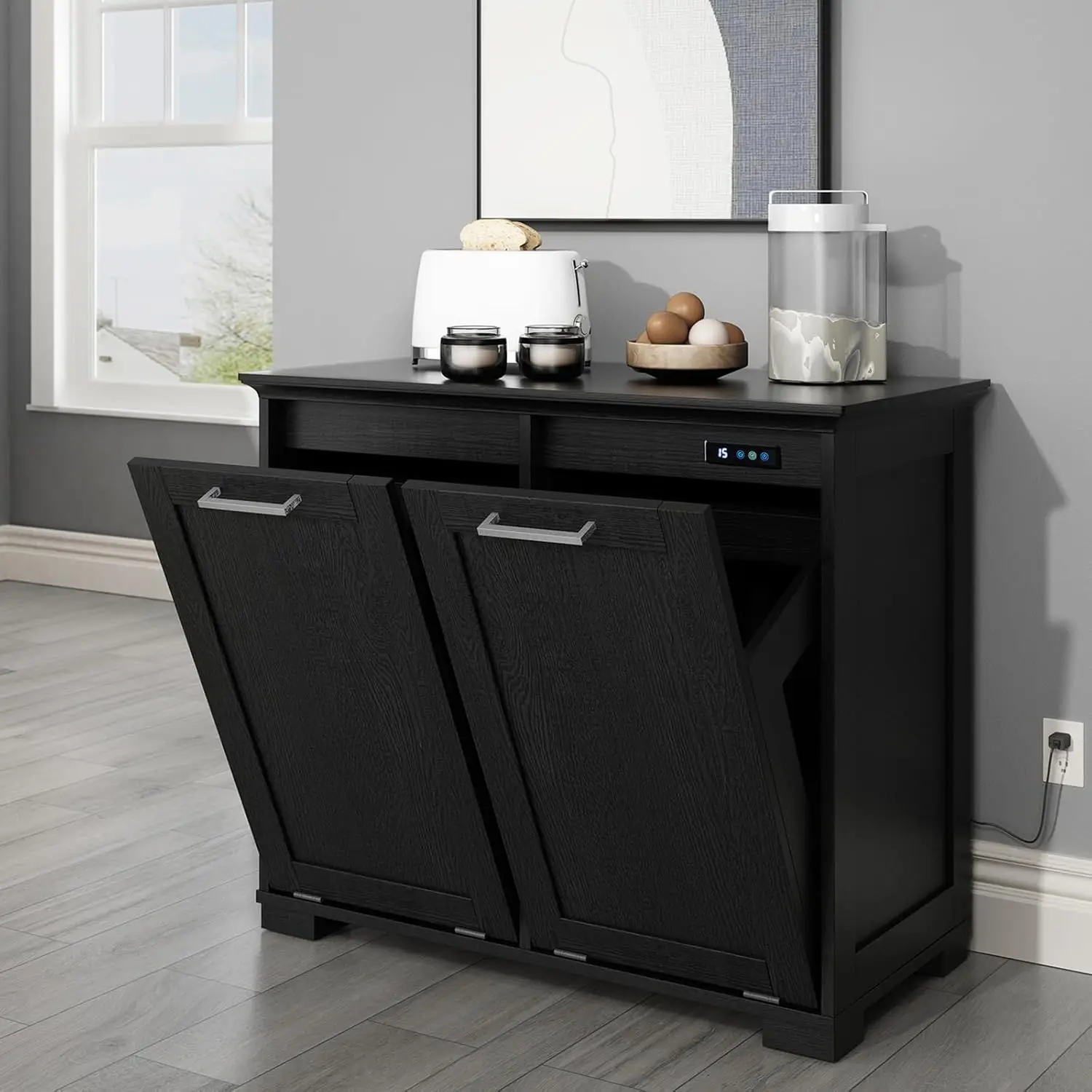 Double Tilt Out Trash Cabinet, Wooden Kitchen Garbage Can Free Standing Holder, Black Finish