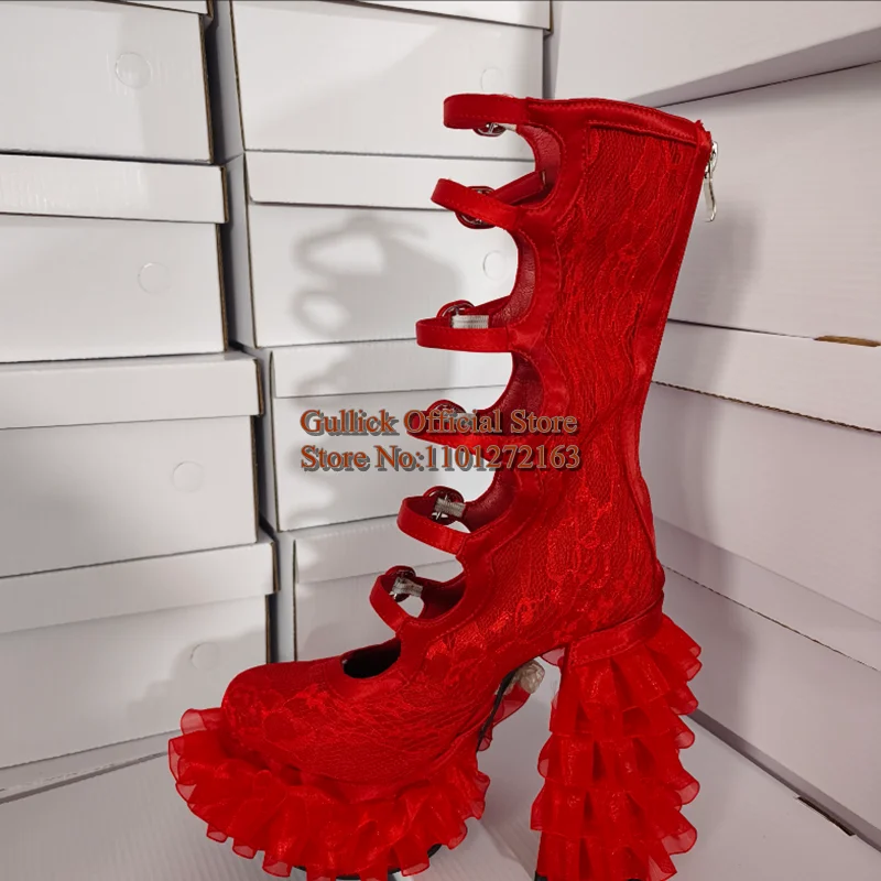 Red Bride Floral Lace Buckled Platform Boots Round Toe High Platform Chunky Heels Belt Buckle Straps Lady Evening Party Shoes