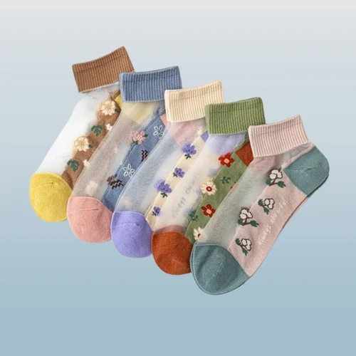 2024 New 5/10 Pairs Summer Ice Silk Socks Women's Short Tube Crystal Socks Glass Silk Socks Embroidered Card Silk Boat Socks